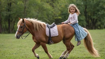 En liten hest med en flytende man og en liten jente som rider på ryggen