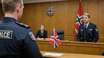 En politibetjent i en rettssal, som symboliserer rollen til en lensmann i det norske rettssystemet.