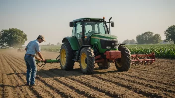 En person som arbeider i et felt med en traktor i bakgrunnen.