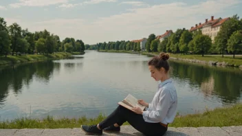 En person som studerer en bok om salighetslære, med en rolig og fredelig bakgrunn