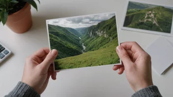 En person holder et bilde av et vakkert landskap med fjell og en innsjø i bakgrunnen.