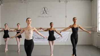 En gruppe ballettdansere i et studio, med et banner eller logo fra en ballettorganisasjon i bakgrunnen.