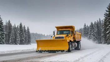 En snøplog rydder en vei i et snødekt landskap, med snødekte trær og hus i bakgrunnen.