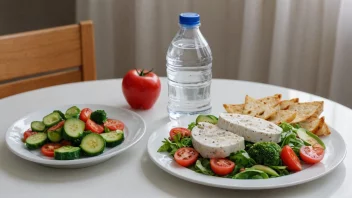 En flaske mineralvann og en tallerken med sunt mat på et bord, som illustrerer viktigheten av mineralprodukter i en balansert kost.