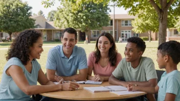 En gruppe foreldre som sitter rundt et bord, diskuterer og smiler, med en skole eller barnehage i bakgrunnen.