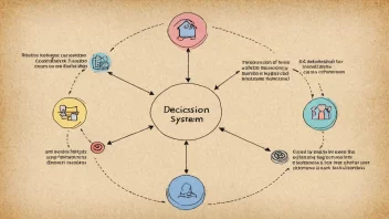 En illustrasjon av et avgjørelsesystem, med ulike komponenter og interessenter involvert.