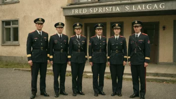 En gruppe mennesker i uniform, som representerer fredstidslaget, står foran en bygning.