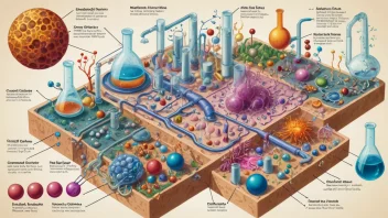 En illustrasjon av de kjemiske prosessene i levende organismer, som viser de komplekse samspillene mellom celler, molekyler og kjemiske reaksjoner.