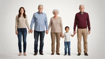 En familie med ulike generasjoner som står atskilt fra hverandre, med et gap eller en kløft mellom dem.