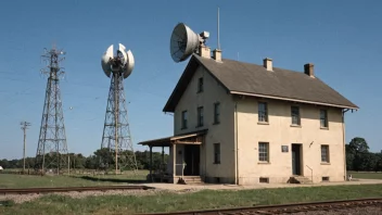 En signalstasjonsbygning med en stor antenne og et tog som passerer i bakgrunnen