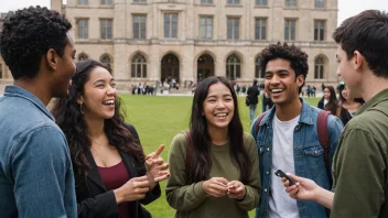 En gruppe studenter fra ulike bakgrunner og kulturer samlet sammen, ler og prater, med en universitetsbygning i bakgrunnen.