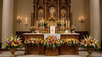 En vakker alterdekorasjon i en kirke med intrikate mønster og fargerike blomster.