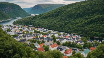 En pittoresk utsikt over en beskjeden norsk by, som viser dens tradisjonelle arkitektur og naturskjønne omgivelser.