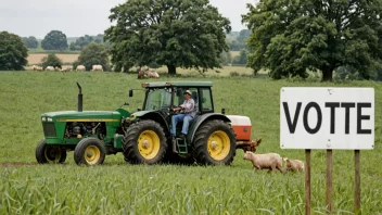 En bonde som arbeider i et felt med en traktor og noen dyr, med en kvote på en skilt