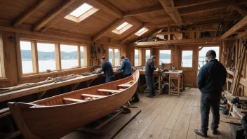 Et bilde av en tradisjonell norsk båtbyggerverksted med ulike verktøy og halvferdige båter i forskjellige byggestadier.