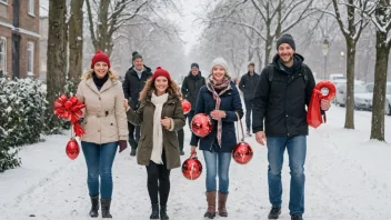 En festlig og koselig vinterscene med mennesker som nyter en juletur