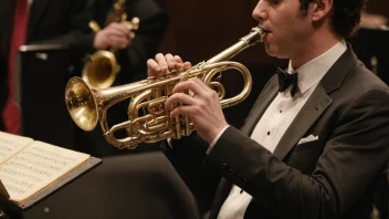 En person som spiller en melodi på et horninstrument, med noter og en melodi som strømmer ut av instrumentet