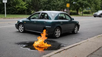 En bil med et bensinlekk, hvor bensin lekker ut på bakken.