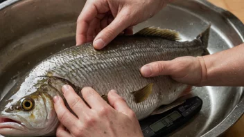 En person måler våtvikten av en fisk på en vekt