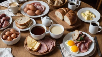 Et foto av en norsk frokostbord med ulike matvarer.