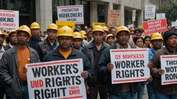 En gruppe arbeidere som protesterer og holder skilt med slagord om arbeidernes rettigheter og bedre arbeidsforhold.