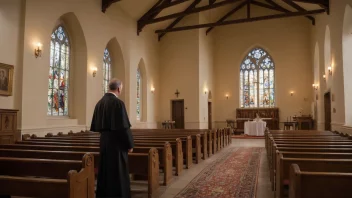 En kirkeinteriør med en prest eller pastor som snakker med en person i nød.