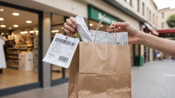 En person som holder en handlepose med en kvittering i hånden, med en butikkbakgrunn