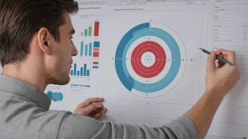 En person som når målene sine med en målskive i bakgrunnen, omgitt av grafer og diagram som viser suksess.