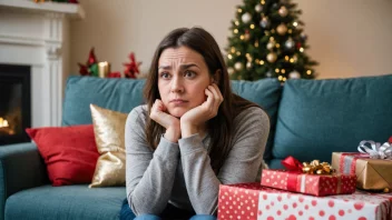 En person som føler julemotvilje, eller julen motvilje, sitter på en sofa omgitt av julepynt og gaver.