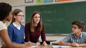 En lærer og elever som jobber sammen på et skoleprosjekt.