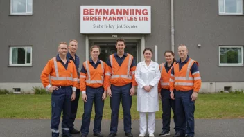 En gruppe arbeidere i uniformer står utenfor en bygning med en skilt som sier 'Bemanningsutleie'.