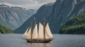 En jekte seiler på en fjord, med et mannskap ombord.