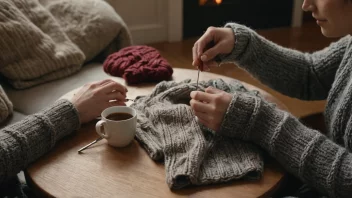 En person som strikker i en koselig stue med en kopp strikkedrikk ved siden av.