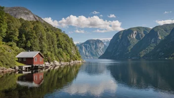 Et malerisk landskap av en fjord i Sør-Norge med et tradisjonelt trehus.