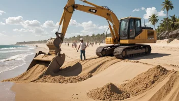 En illustrasjon av en sandtettingprosess, med en gravemaskin som heller sand på en strand.