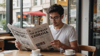 En person sitter på en kaffebar og leser en avis med en kopp kaffe ved siden av seg.