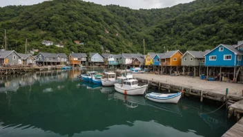 En idyllisk fiskekro med noen små trehus og båter fortøyd i den rolige havnen.