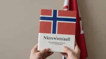 En person som holder en bok med det norske flagget i bakgrunnen