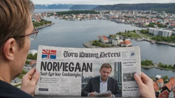 En person leser en avis med et norsk regjeringslogo på forsiden.