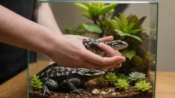 En person som holder et reptil, med et terrarium i bakgrunnen