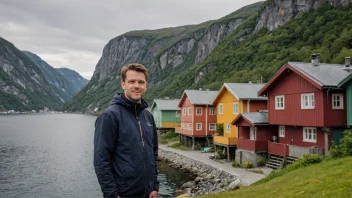 En person fra Bergen, stolt stående foran et tradisjonelt trehus, med en storslagen fjordlandskap i bakgrunnen.