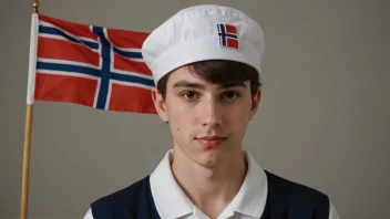 En person som har på seg en seilorbåtlue med et norsk flagg i bakgrunnen