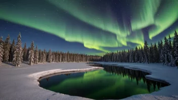 Et åndeløst vinterlandskap i Lapland med snødekte trær, en frossen innsjø og nordlyset danser på himmelen.