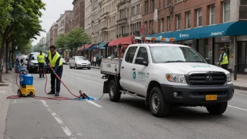 En rengjøringsenhet i arbeid i en bygate.