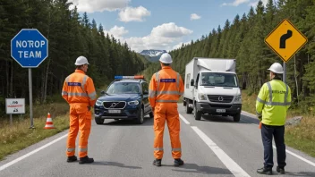 En gruppe veginspektører i refleksvester, som undersøker vegoverflaten og tar notater, med et norsk veiskilt i bakgrunnen.