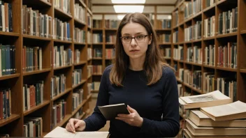 En forsker i et bibliotek med bøker og dokumenter om krig og konflikt