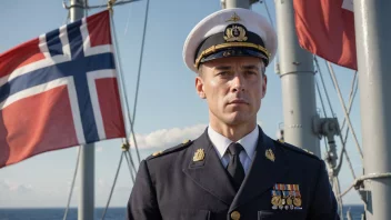 En norsk marineoffiser i uniform som står på dekket av et skip.