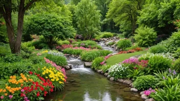 Et idyllisk landskap med en svingende bekk, omgitt av frodig grønnskap og fargerike blomster.