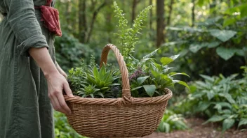 En person som holder en kurv med ulike nyttige planter, med en hage eller skog i bakgrunnen.