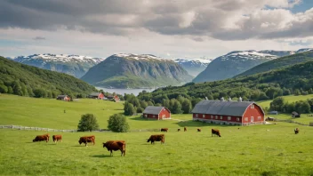 Et idyllisk norsk gårdslandskap med et sterkt fokus på jordbruk.